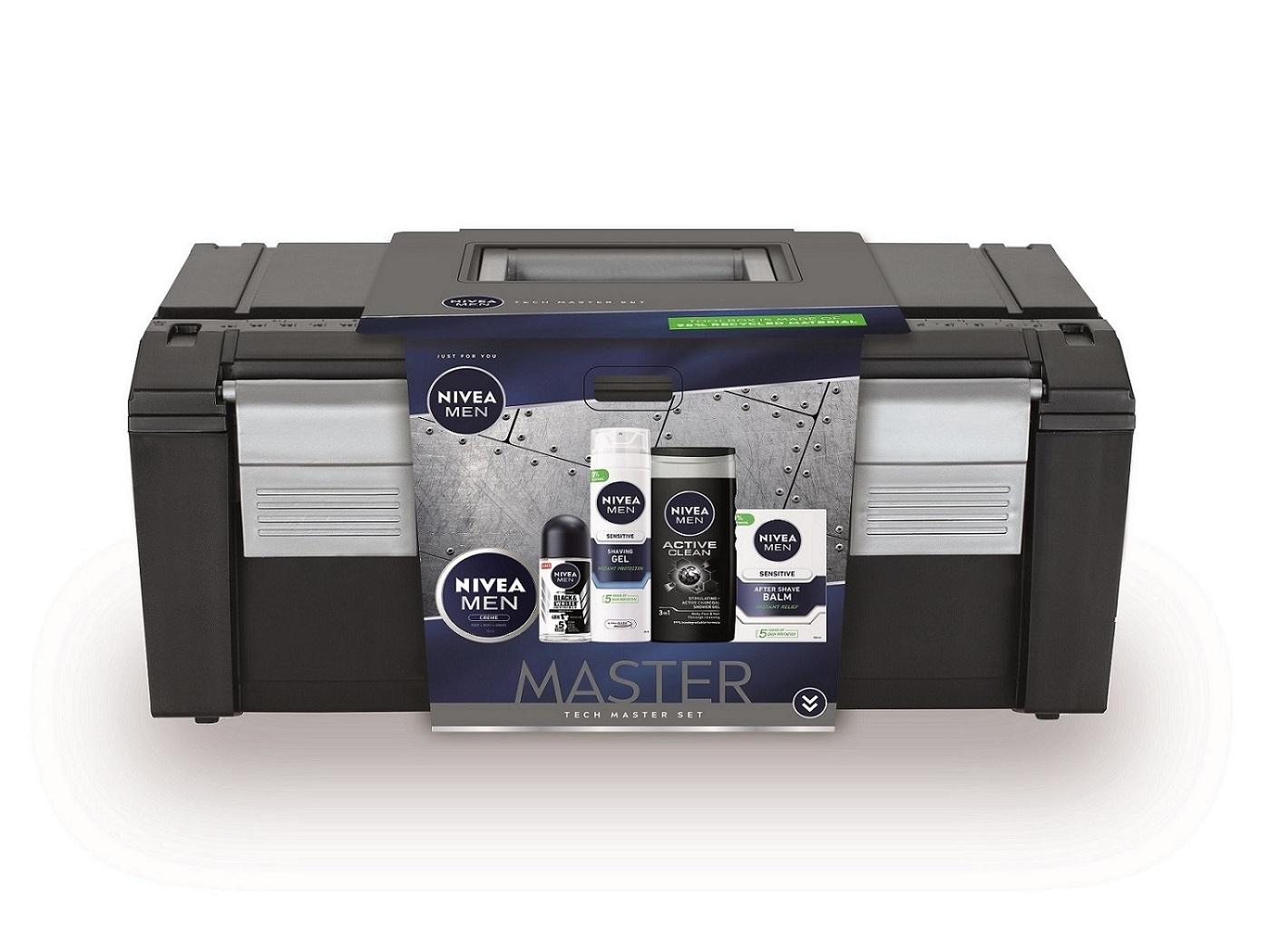 NIVEA PROMO MEN Гел за бръснене Sensitive 200ml +Балсам за след бръснене Sensitive 100ml+ Рол-он Invisible on Black & White Power 50ml +Душ-гел Active Clean 250ml +Крем за мъже 75ml+ кутия за инструменти