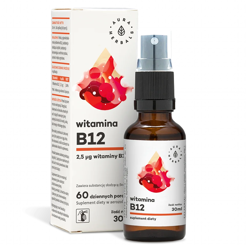 AURA HERBALS WITAMINA B12 Витамин В12 (цианокобаламин) допринася за нормалното функциониране на нервната система орален спрей x 30ml