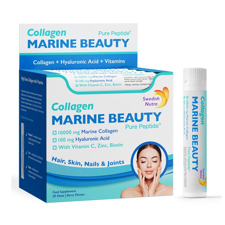 SWEDISH NUTRA MARINE BEAUTY Рибен Колаген 10000mg с хиалуронова киселина 100mg за здрави стави и кожа 25ml x 20