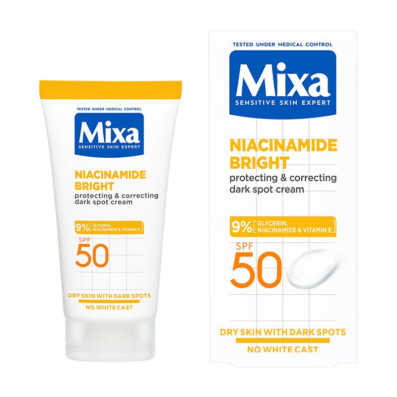 MIXA NIACINAMIDE BRIGHT Многофункционален крем против тъмни петна за суха кожа на ръцете, шията, гърдите и лицето. 50мл